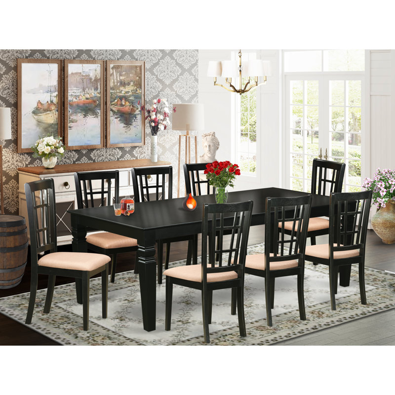 9 Piece Dining Room Furniture Set Includes a Rectangle Kitchen Table with Butterfly Leaf and 8 Linen Fabric Chairs, Black