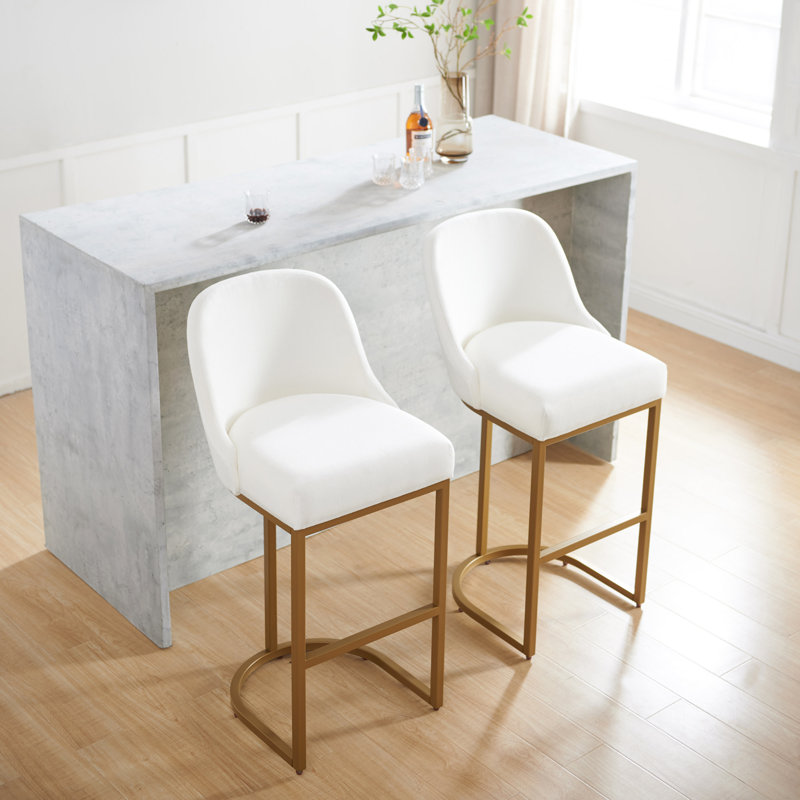 Tabouret de baril avec siège en lin et base en métal, Lin blanc / cadre doré, 2