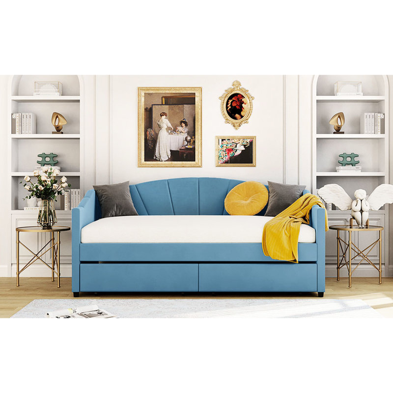Twin Size Daybed With Two Drawers And Enchanting Upholstered Glamour - Blue Wood Slat In Installation, Blue