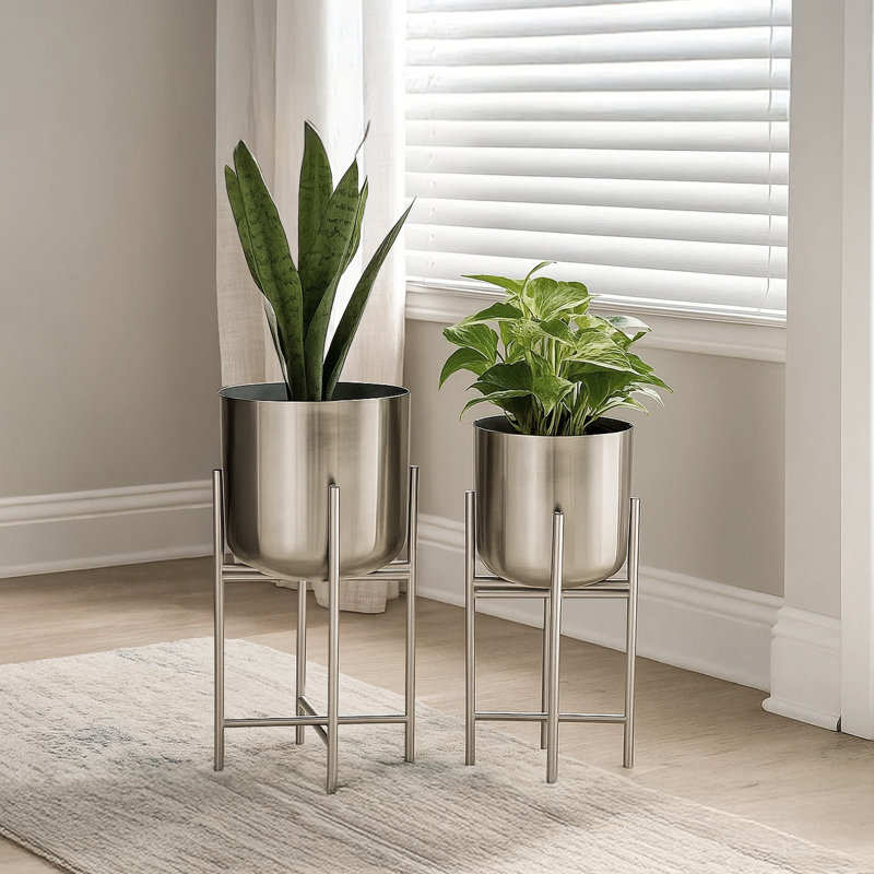 Amaratha Set of 2 Planters | 19, 22" Tall | Foldable Iron Stand | Nickel Finish, Nickel