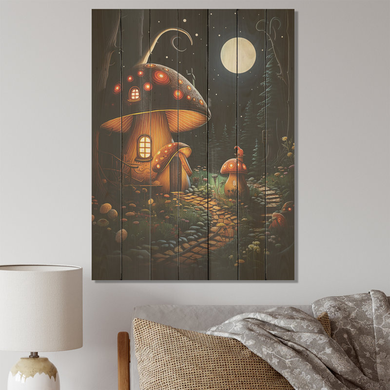 Mushroom Fantasy Landscape - Paysage sur bois, H 40 po x l 30 po