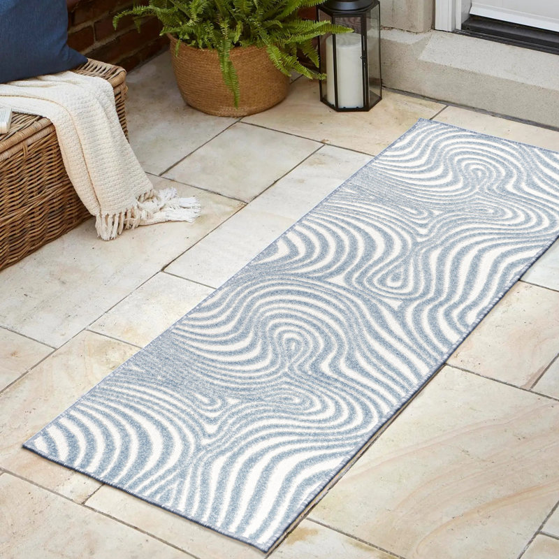 Maribo High-Low Abstract Groovy Striped Light Blue/Ivory Indoor/Outdoor Rug, Runner 2'2" x 10'