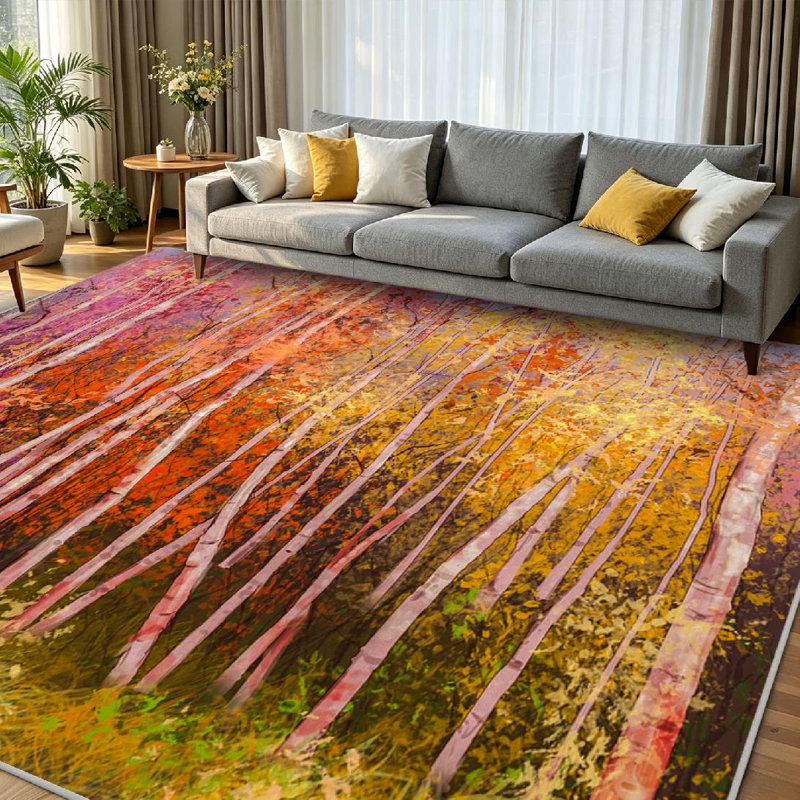 Orange Oil Painting Landscape Colorful Autumn Trees Abstract Forest Aspen Machine Washable Indoor Area Rug