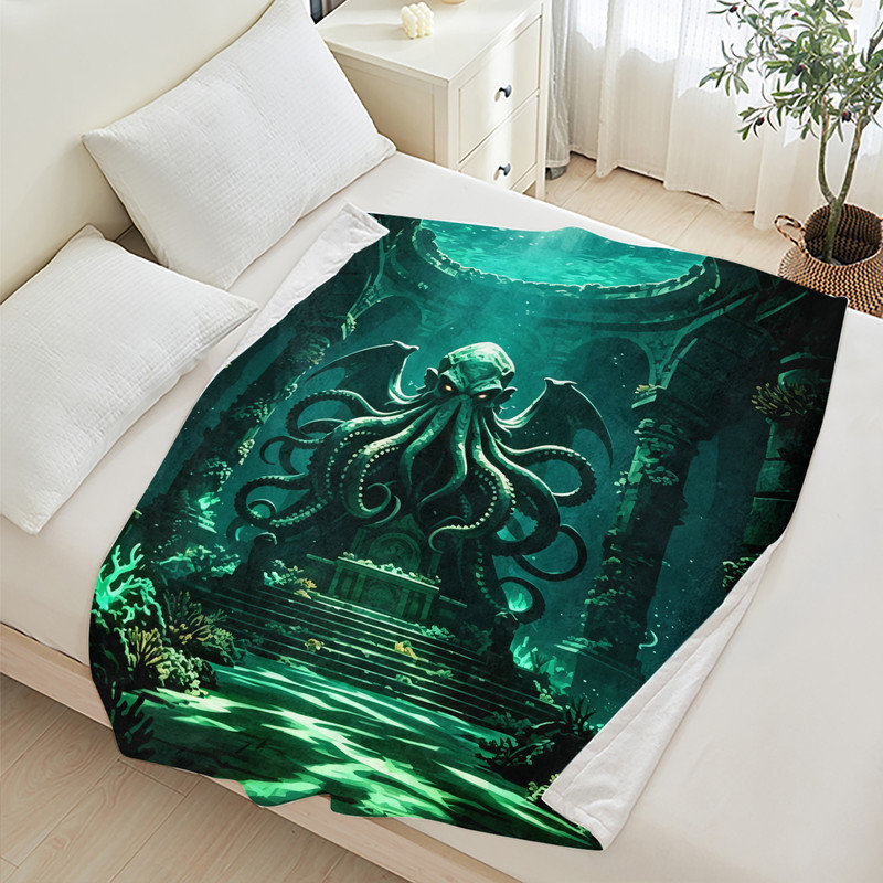 Couverture polaire en flanelle JYK Halloween, légère, respirante, douce et chaude en microfibre pelucheuse, 76 x 102 cm, motif Temple de l'Océan Cthulhu