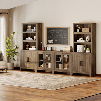 Entertainment Center With Bookshelves, 4-Piece Modular TV Stand With Storage Towers, Farmhouse Media Console With Glass Doors For Living Room, Bedroom, Brown