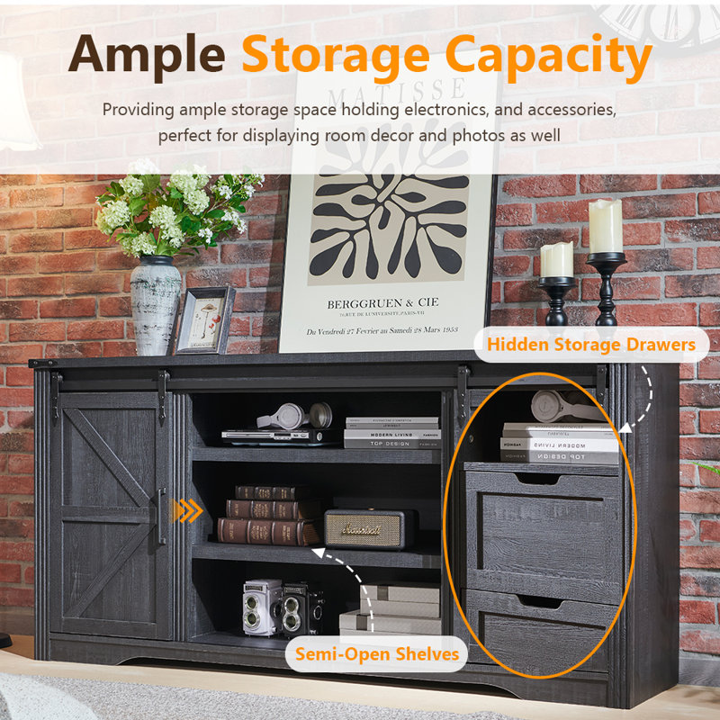 66 Inch TV Stand Console For Tvs Up To 75" With 2 Sliding Barn Doors And Drawers, Black