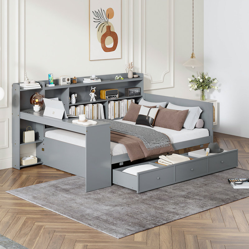 Nythor Wooden Daybed with 3 Drawers, USB Ports & Desk, Gray, Full