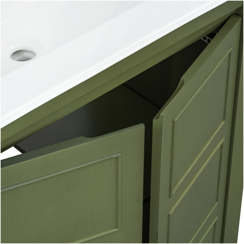 Meuble-lavabo de ferme 30 po avec lavabo en céramique, porte à fermeture en douceur, tablette réglable, armoire de rangement vert olive, structure en bois moderne, conception spacieuse et surface facile à nettoyer