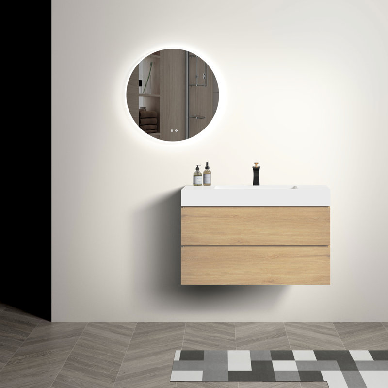 Meuble-lavabo en chêne 36 po - lavabo noir, fixation murale, finition fonctionnelle de style rangement, extra