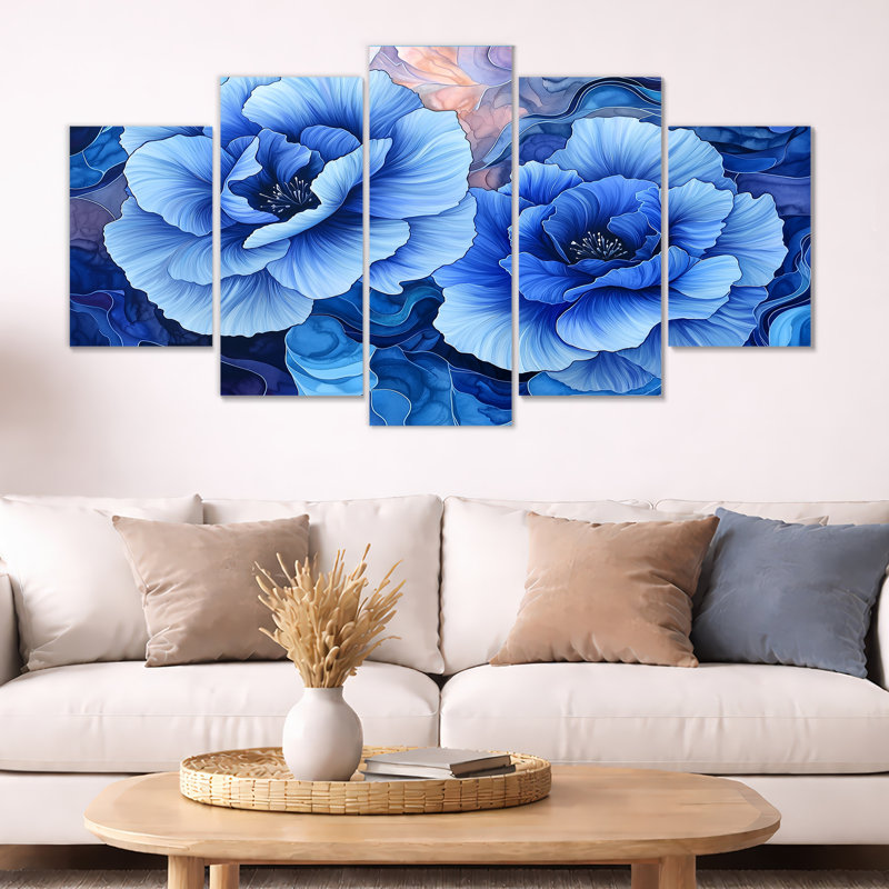 «Dancing Blue Symphony of Carnation I», art mural 5 panneaux