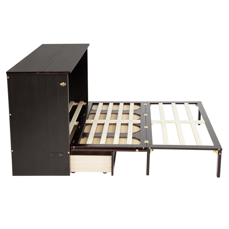 Grand lit escamotable avec centrale électrique, panneau en rotin et armoire en bois de pin, espresso, Espresso