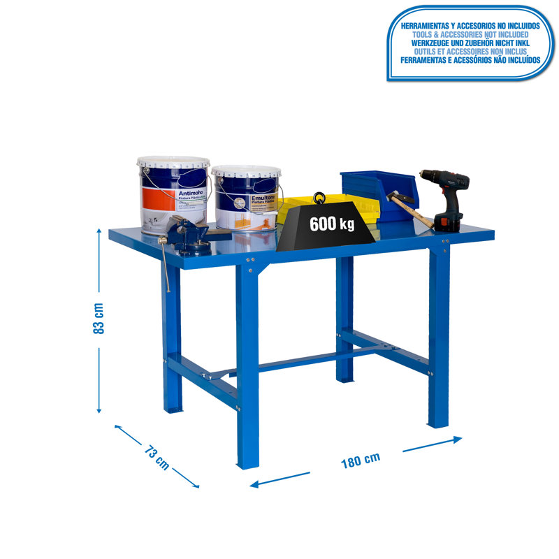 Metal Top Workbench with Wheels, 83cm H x 180cm W x 73cm D