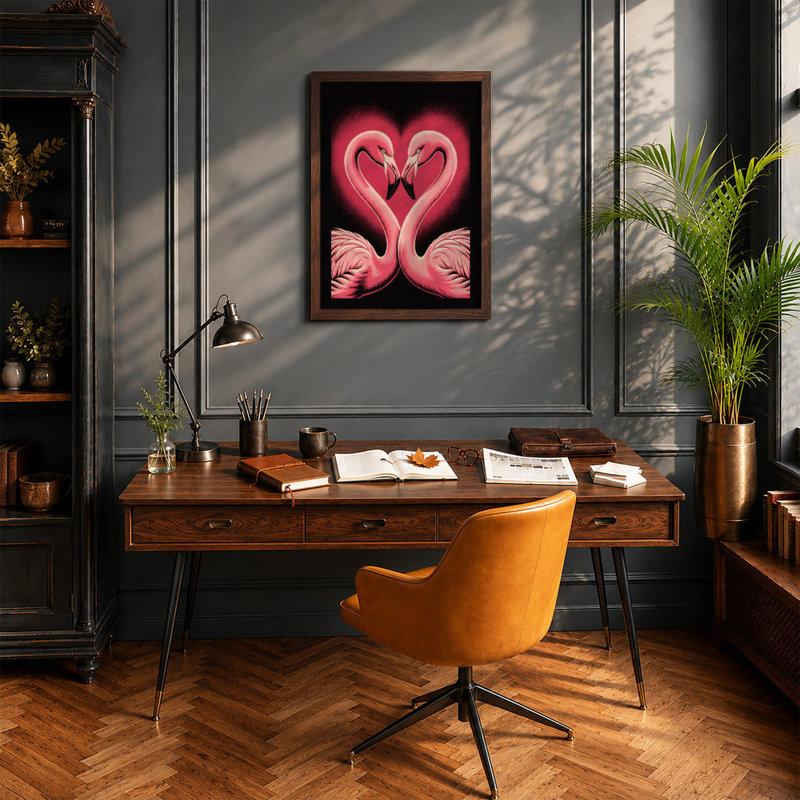 Flamingos in Love Modern - Framed Print, A2 - 59.4 x 42.0 cm, Walnut