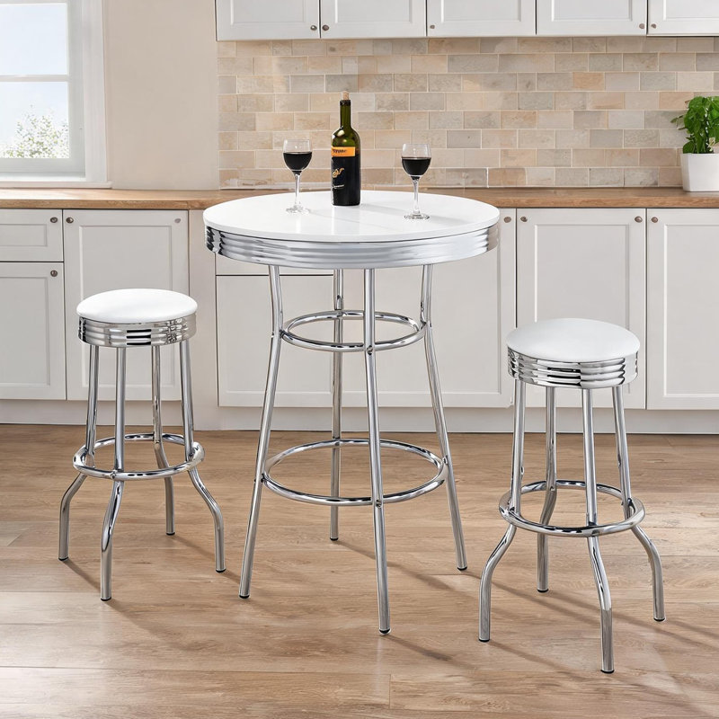 Ensemble bistro rétro avec tabourets pivotants, table ronde de 30 pouces des années 1950, chrome blanc éclatant