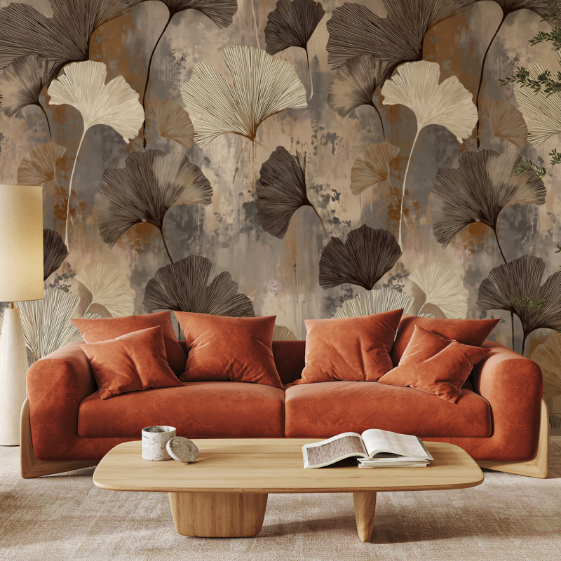 Papier peint feuille de ginkgo beige et brun avec motif botanique abstrait délavé, L 480 po x l 60 po