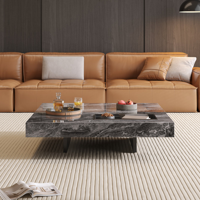 Table basse carrée en pierre frittée de luxe avec pieds en acier inoxydable de 39,37 po Briamarie, Brun