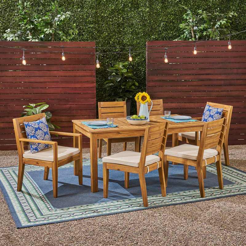 Ensemble repas d'extérieur en bois d'acacia avec coussins 7 pièces, Beige / Naturel
