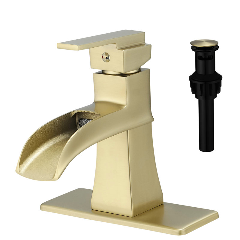 Robinet de salle de bain moderne avec plaque de cascade, or brossé, drain escamotable, conduites d'alimentation, commande à une poignée