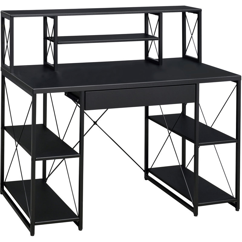 Black Office Desk With Open Shelves And Hutch, Black/Black
