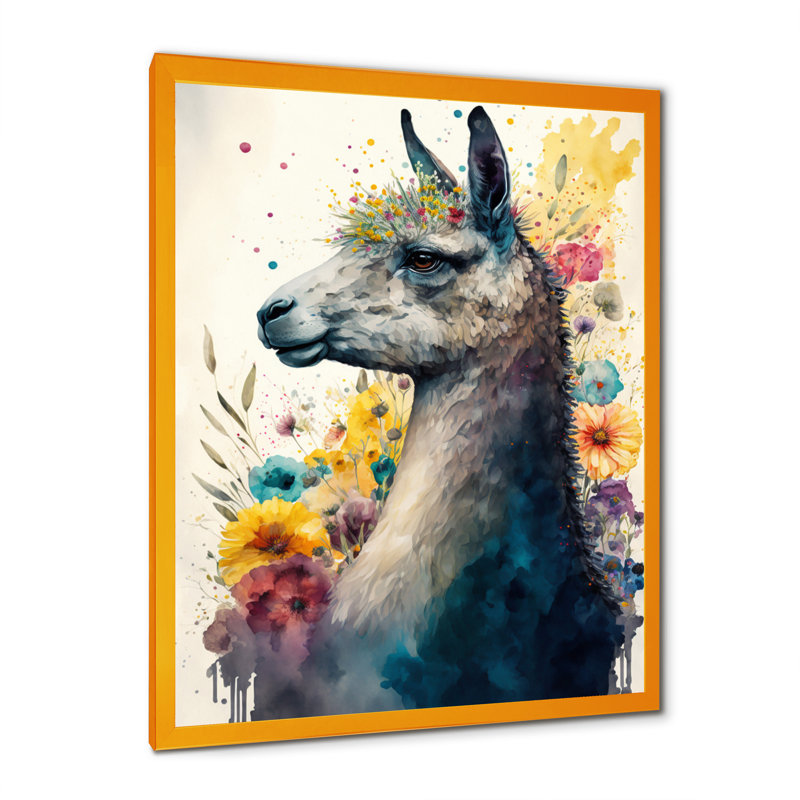 «Cute Llama Floral Art II», peinture sur toile, H 40 po x l 30 po x P 1,5 po, Impression dorée sur toile encadrée