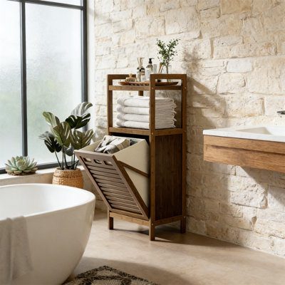 Bamboo Laundry Hamper With Hidden Basket And 2 Open Shelves For Storage
