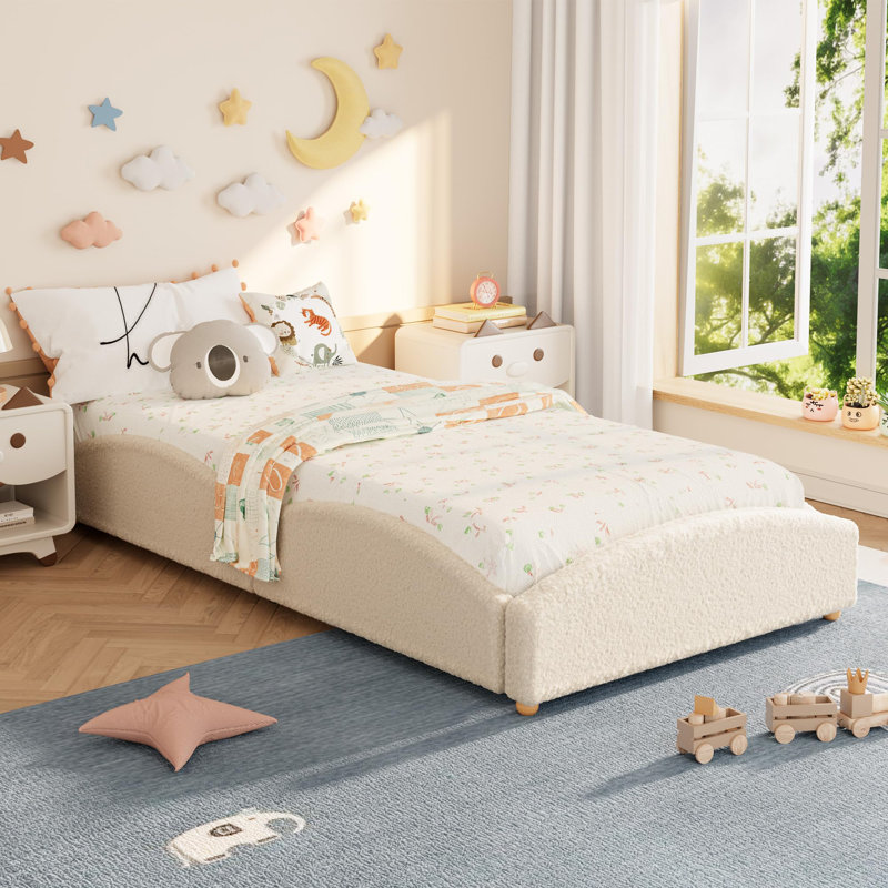 Lit de jour simple TG avec revêtement en peluche, structure de lit Cloud avec côtés surélevés, plateforme basse Montessori pour tout-petits, aucun sommier nécessaire, beige