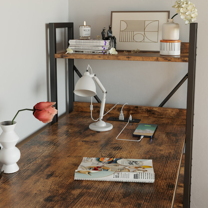 Sarahlouise Computer Desk with Power Outlet & Storage Shelves, PC Desk Workstation for Home Office, Brown/Black