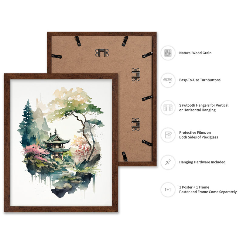 Maison de lac japonaise, 18"H x 24"W, Poster, Brown Framed