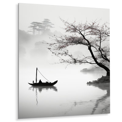 Art asiatique, bateau, monochrome - reproduction d'art asiatique en métal