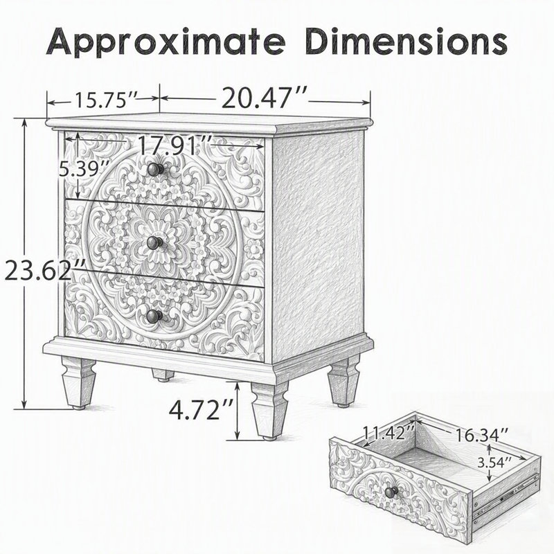 Table de chevet en bois sculpté avec 3 tiroirs, commode décorative en relief à volutes rétro, armoire de rangement pour chambre à coucher et salon