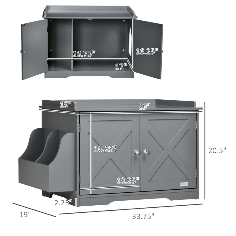 Armoire à litière pour chat gris avec tablette latérale, fermeture magnétique et charme pour les propriétaires d'animaux de couleur large, portes, rangement organisé
