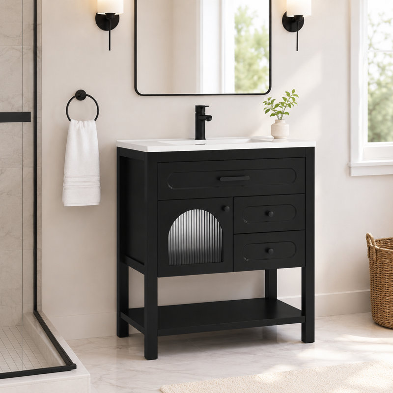 Wilce 30'' Freestanding Single Sink Bathroom Vanity With Solid Wood Frame And Solid Surface Composite Top