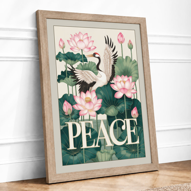 Crane Among Lotus Japandi - Framed Print, A2 - 59.4 x 42.0 cm, Oak
