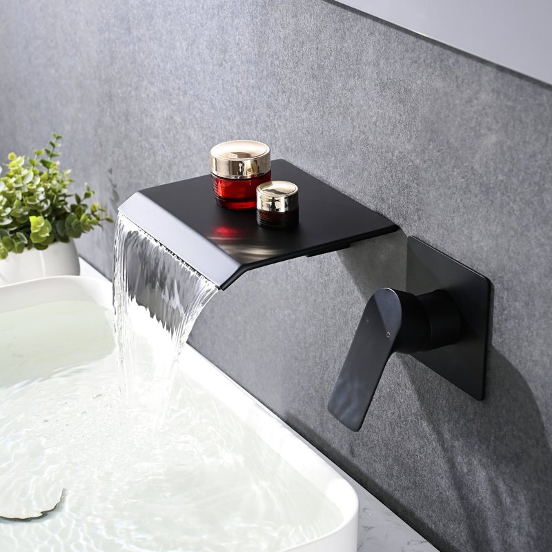Robinet de lavabo de salle de bain noir mat avec cascade - Dispositif de contrôle de température mural moderne en acier inoxydable