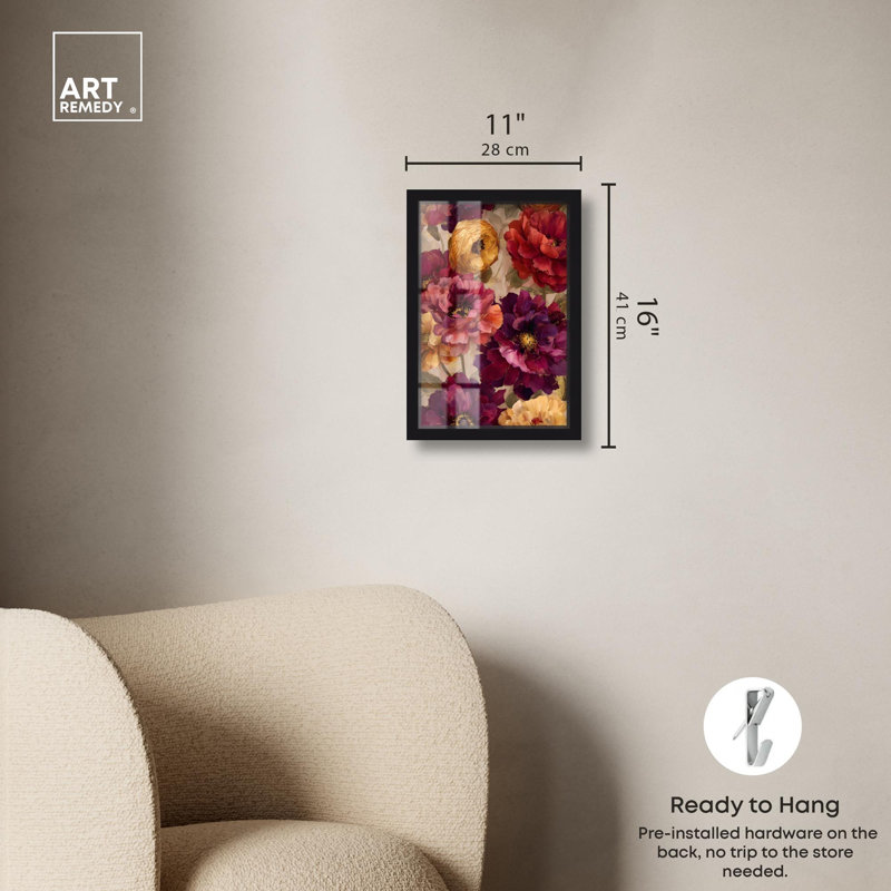 «Deep Blossoming Floral Shadowbox Print» par Art Remedy, H 16 po x l 11 po, Noir