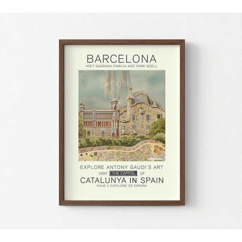 Affiche de voyage de Barcelone, reproduction d'art du parc Güell et de la Sagrada Familia, H 24 po x l 18 po, Brun