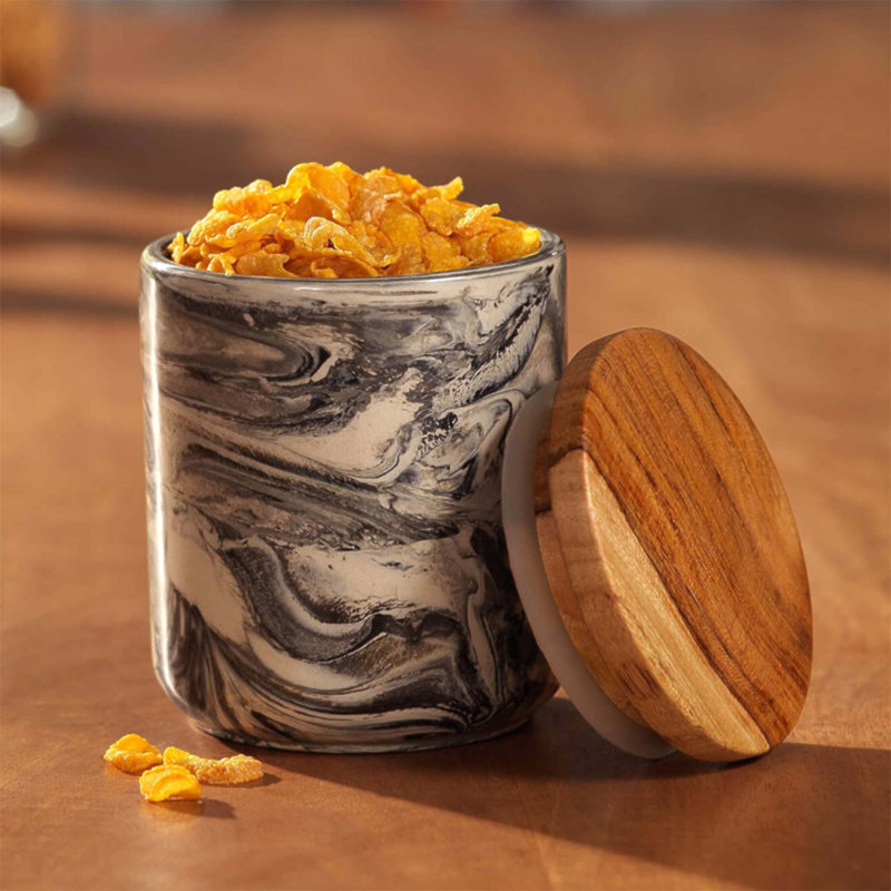 Pot de rangement en céramique marbré à la main avec couvercle en bois, durable et élégant pour l'organisation et la décoration de la cuisine
