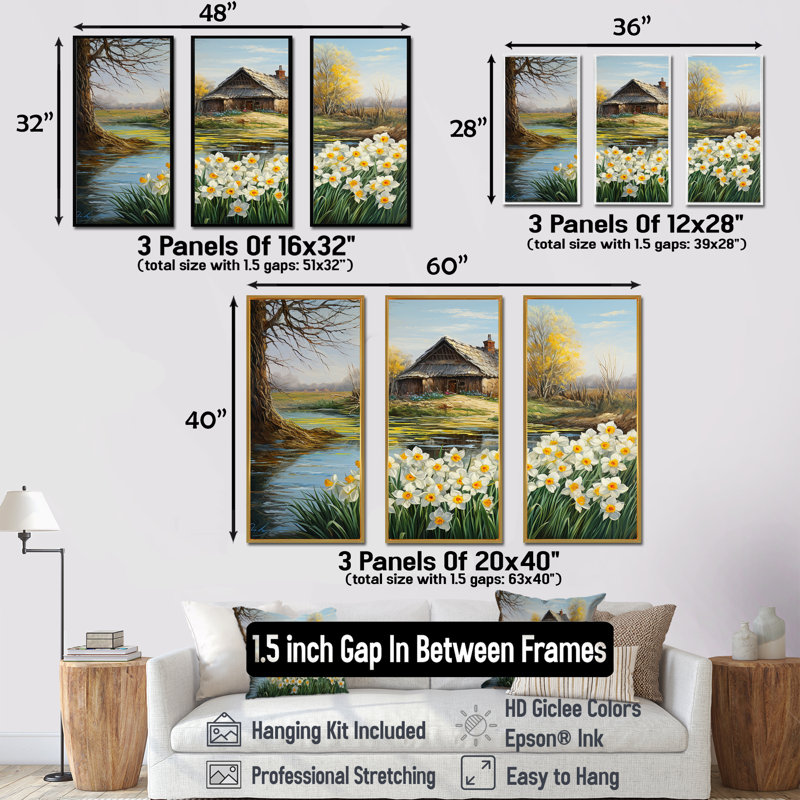 «White and Yellow Daffodils Country Charm I», ensemble d'art sur toile, Cadre flottant noir, H 28 po x l 36 po x P 1 po