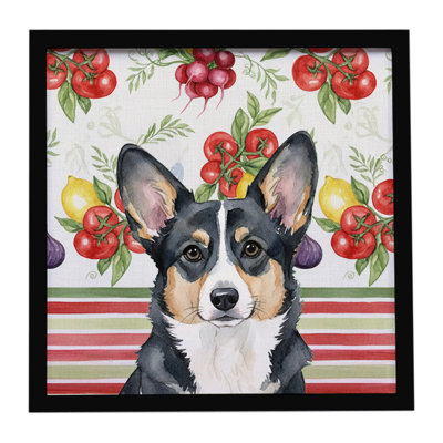Black and White Cardigan Welsh Corgi Vegetables Framed Metal Print