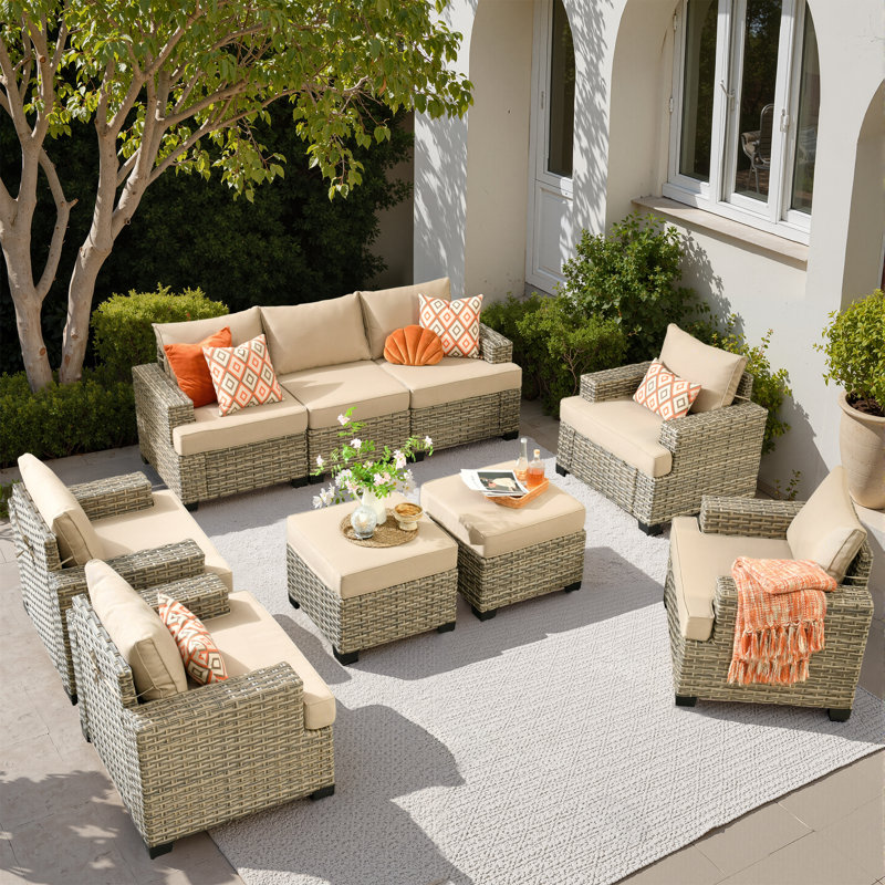 9 - Person Patio Furniture Set with Chairs, Outdoor Wicker Rattan Sectional Seating Group with Cushions, All Weather Sofa Conversation Set with Ottomans for Garden Backyard