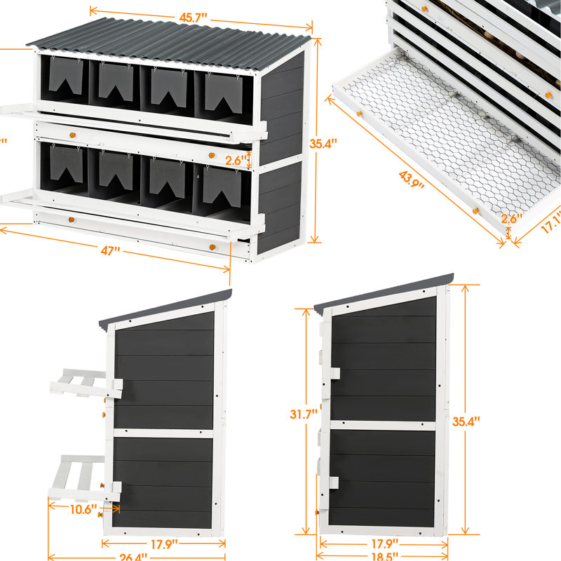 Boîte de nidification en bois pour poulet avec 8 compartiments - Perchoir pliable, 8 bois massif propre et hygiénique