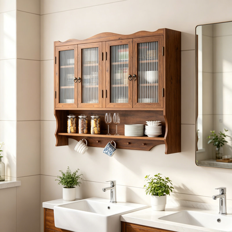 39.37"Retro 4 Door Wall-Mounted Cabinet, Featuring Two Layers Of Storage Space And An Open Hook Rack  Space,Suitable For Bathrooms, Kitchens, Dining Rooms, Brown