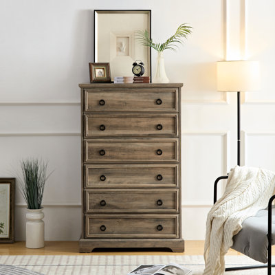 Commode à 6 tiroirs pour chambre à coucher - Rangement spacieux pour garde-robe, fini gris délavé, hauteur 119 cm (46,95 po), tiroirs coulissants et faciles à manipuler.