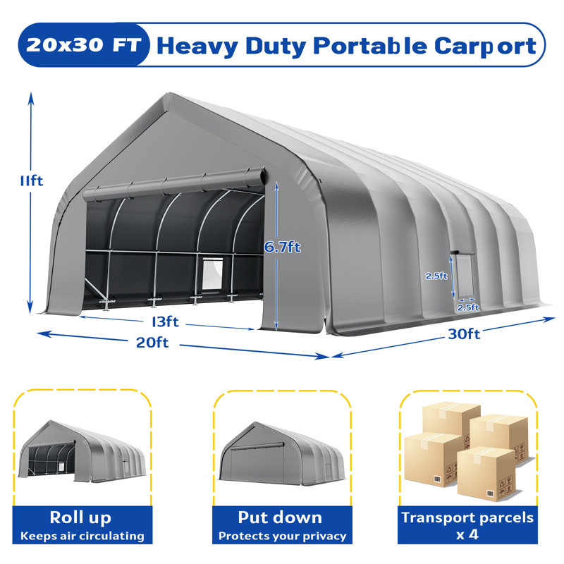 Heavy Duty Durable Carport, Aluminum Frame Garage Shelter & Storage, Waterproof 3-Layer Pe Cover, 20' x 30'
