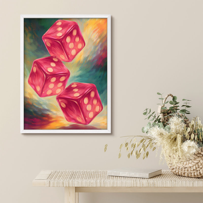 Abstract Dice Framed Wall Art Prints - Red dice with vibrant background, for game room, H 14 po x l 11 po, Blanc