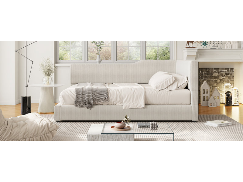 Lit de jour rembourré en velours côtelé de taille L,, Beige, Lit double