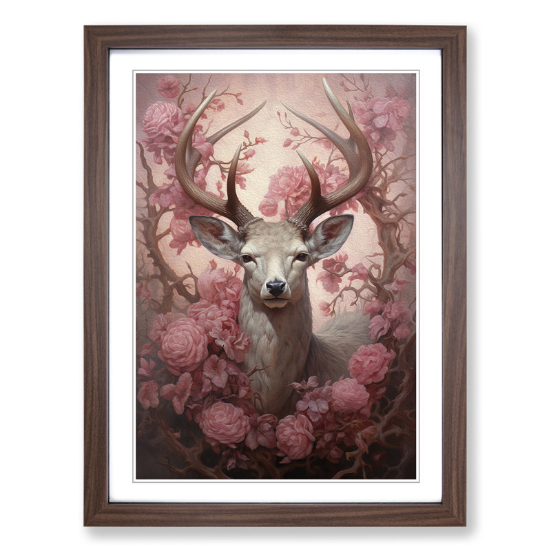 Stag Romanticism - Single Picture Frame Print on Wood, 64cm H x 46cm W x 2cm D, Walnut