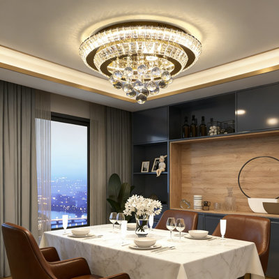 Modern Flush Mount Crystal Chandelier With LED Lights, Adjustable Color Temperature And Dimmable Remote Control, Elegant Raindrop Design For Ceiling Lighting In Dining Room, Living Room, Bedroom