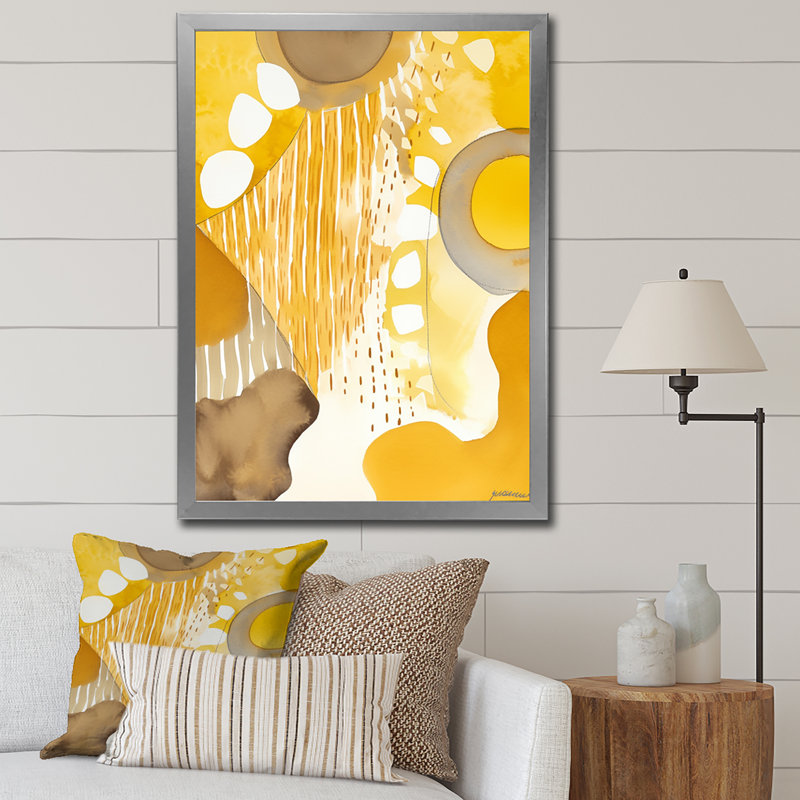 Moutarde jaune, rêves rétro, aquarelle - décoration murale moderne Mid-Century, Cadre simple argenté
