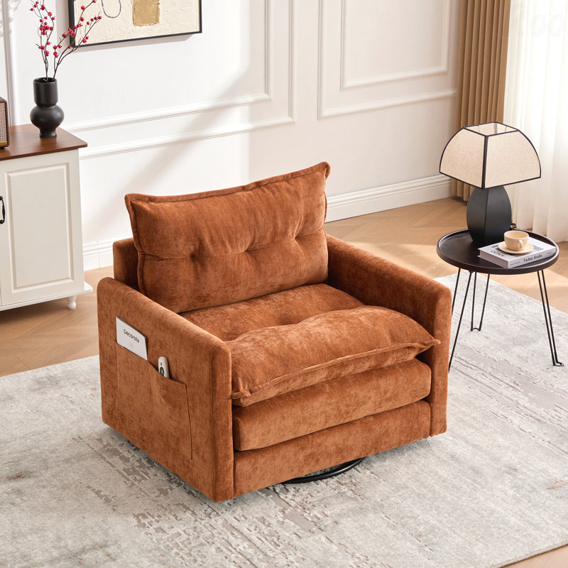 36.3" Chenille Rotatable Upholstered Sofa Chair With Side Pockets, Orange